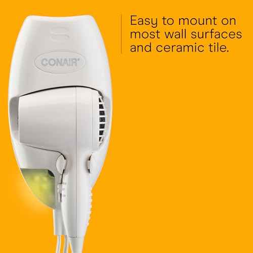 Conair Wall-Mount Hair Dryer, 1600W Blow Dryer with LED Nightlight, 2 Heat 2 Speed Settings, White