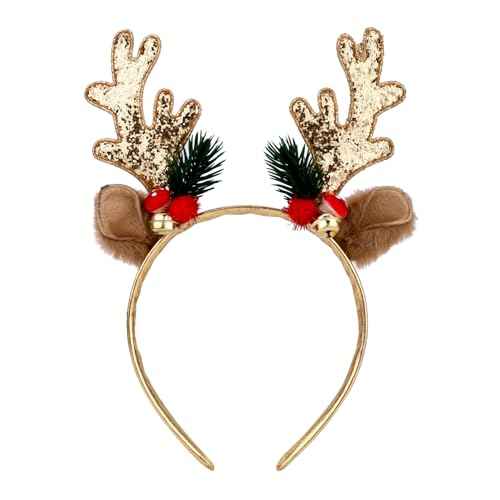 Christmas Reindeer Antlers Headband, Gold Deer Antlers Hair Hoop with Jingle Bells Glitter Antler Ears Headband Xmas Costume for Women Girls