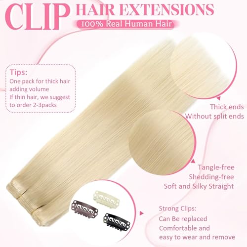 Clip in Hair Extensions Real Human Hair, Seamless Clip ins Real Human Hair for Women, Remy Human Hair Clip in Extensions, Double Weft 8pcs 18 inch Platinum Blonde
