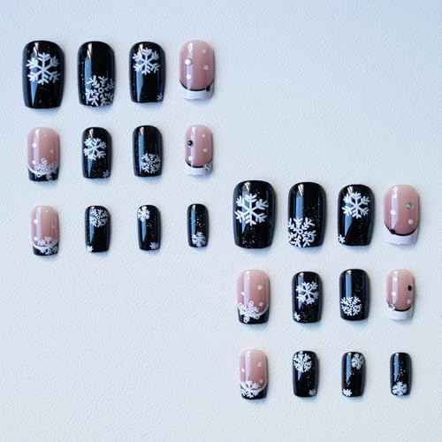 Snowflake Press On Nails: Short Square Christmas Fake Nails with Designs, Black Glitter & White French Tips, 24pcs