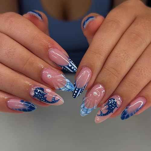3D Blue Ocean Press on Nails Medium Almond Fake Nails with Shell Pearl Fish Designs French False Nail Tips Glossy Glue on Nails Full Cover Stick on Nails for Women Manicure Decorations 24Pcs