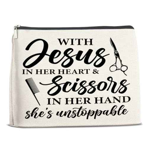 Hair Stylist Gifts for Women Cosmetic Bag - Hairstylist Gift Small Makeup Bag - with Jesus in Her Heart and Scissors in Her Hand Zipper Makeup Pouch (1Pcs)