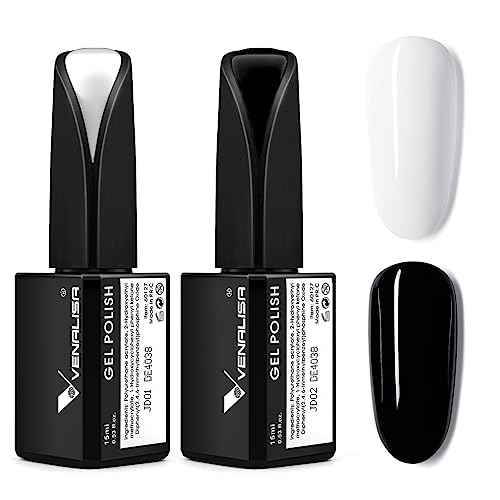 VENALISA 2Pcs 15ml Black White Gel Nail Polish Kit, Nail Gel Polish Set Soak Off UV LED Nail Art Starter Manicure Salon DIY at Home