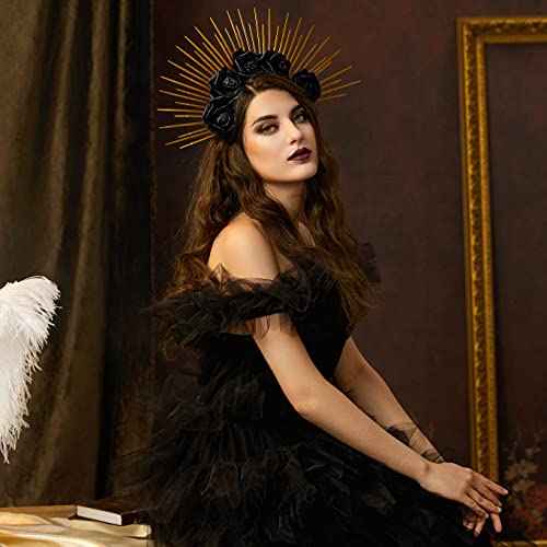 Fantherin Halo Crown with Roses Womens Mexican Flower Goddess Rose Spiked Sun Headpiece for Cosplay Halloween Costume