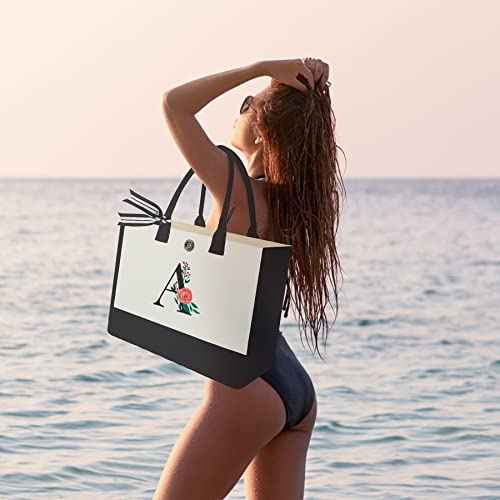 Initial Canvas Tote Bag, Personalized Birthday Gifts for Women Mom Friends Teachers, Monogrammed Tote Bags Suitable for Mother's Day Wedding Beach (Letter A)