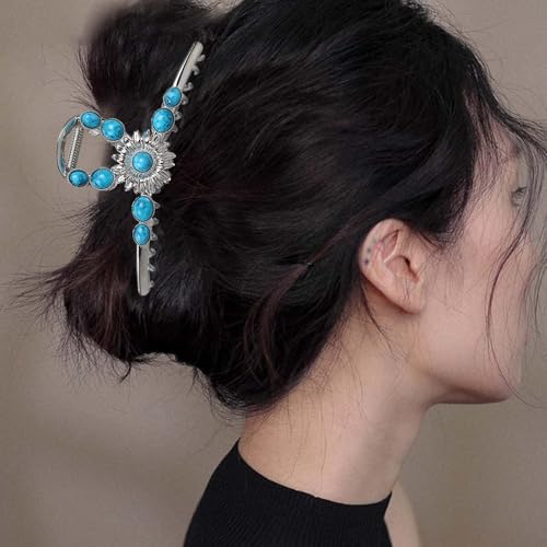 Turquoise Hair Clip, Western Claw Clips, Turquoise Claw Clip, Gems Hair Accessories, Western Hairs Accessories, Blue Metal Claws Clips for Thick Hairs Large (Sun Flower)