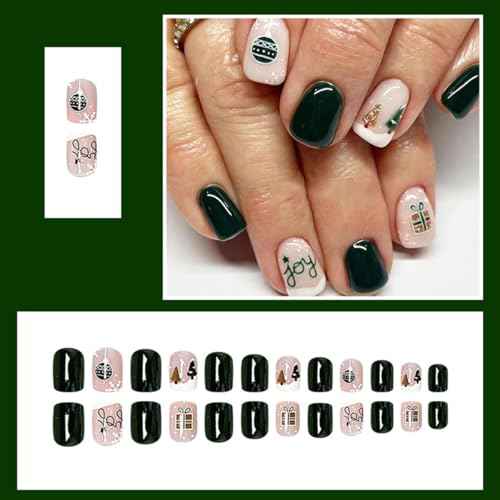 24 Pcs Christmas Green Press on Nails Short Square - SHANRUN Xmas Pink Fake Nails Press ons Nail Art Tip Glue on Nails Full Cover Artificial Acrylic False Nails Christmas Tree Lantern Gift Box Design
