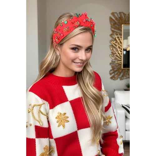 Christmas Reindeer Antler Headbands for Women Girls Red Green Pearl Xmas Knotted Headband Glitter Rhinestone Bejeweled Holiday Headpiece Christmas Party Accessories Gifts