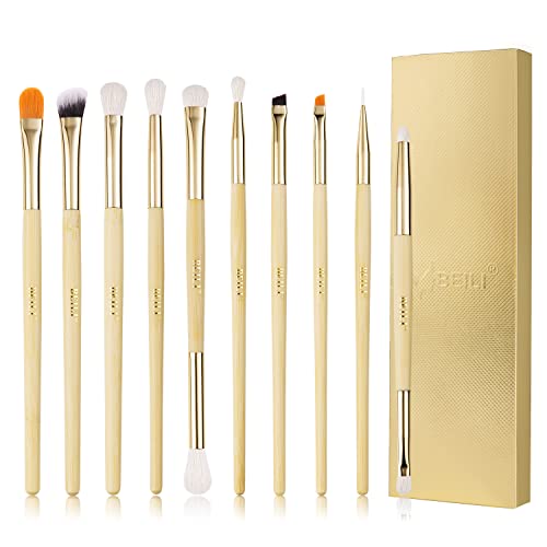 BEILI Eyeshadow Brushes Set 10pcs Duo End Eye Makeup Brushes Travel Makeup Brushes Set with Soft Synthetic Hairs & Real Bamboo Wood Handle for Eyeshadow, Blending,Concealer, Eyebrow, Eyeliners