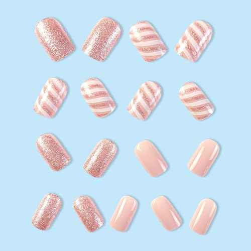 24Pcs Pink Press on Nails Short Square - QUNQINLI Christmas Glitter Fake Nails with Xmas Glitter Stripe Designs Glue on Nails Christmas Nails Full Cover Glossy Artificial False Nails for Women