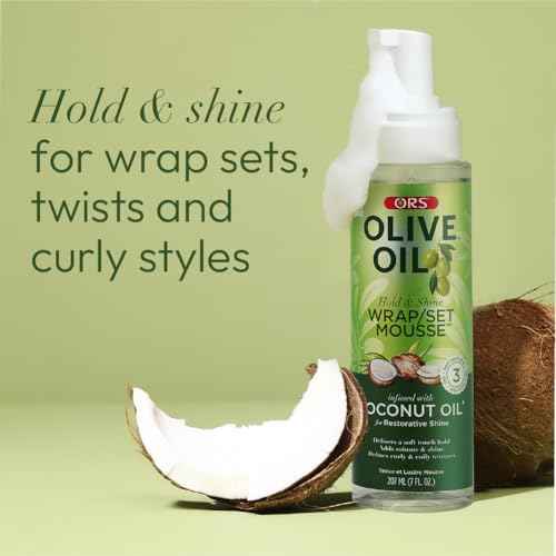 ORS Olive Oil Hold & Shine Wrap Set Mousse Infused with Coconut Oil for Restorative Shine 7 Ounce