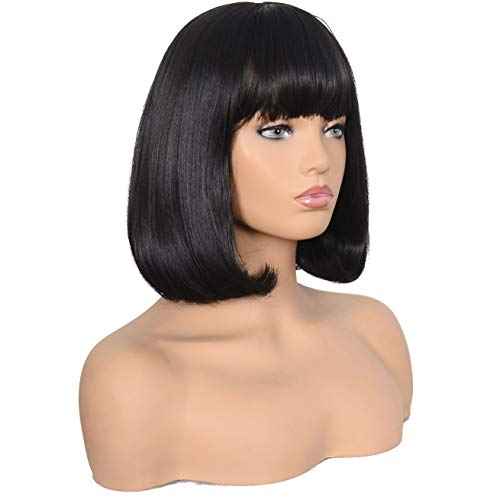 morvally Short Straight Bob Wig Heat Resistant Hair with Blunt Bangs Natural Looking Cosplay Costume Daily Wigs (14", 2# Black)