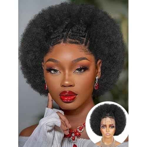 Fancy Hair Cornrow with Afro Puff Wig 13x4 HD Lace Front Zig Zag Sttiches Pre-Braided Pre Plucked Wig with Baby Hair for Black Women Transparenet Lace Frontal Natural Hairstyle