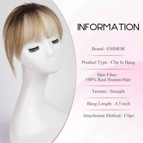 EMMOR Clip in Bangs, 100% Human Hair Bangs with 3 Non-slip Clips, 360¡ÆCover Top HairPieces with 5 inch Wispy Fringes for enhancing Women's Facial Features(Ombre Ash Blonde)