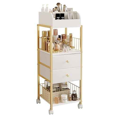 Makeup Organizer Storage Cart, Large Skincare organizers, Makeup Stand with Drawers, Makeup Vanity Organizer Cosmetics Display Cases Holder for Skin Care Nail Polish Perfume Makeup Brush (Gold)