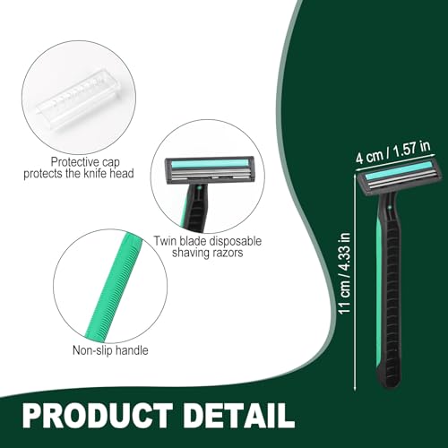 Disposable Twin Blade Razors in Bulk, Individually Wrapped - Clear Safety Cap, For Homeless, Hotel, Airbnb, Travel (pack of 400,green)