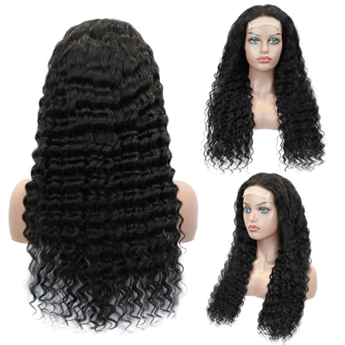 LICHANG Deep Wave Lace Front Wigs Human Hair 4x4 Transparent Lace Closure Wet and Wavy Wigs for Black Women Pre Plucked Human Hair Wig with 180% Density Nature Color 22 Inch