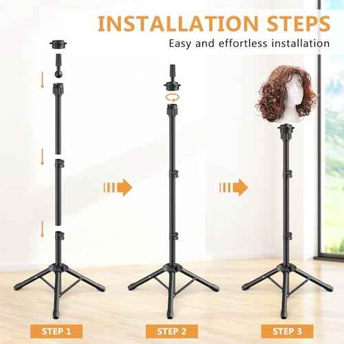 Wig Head Stand 50 Inches, Height Adjustable Tripod Wig Stand, Salon Mannequin Head Stand with Anti-Slip Base for Styling, Wig Display Barber Training, Beauty School? (Black)
