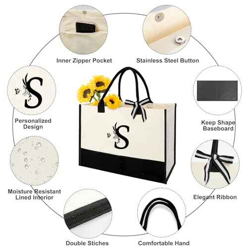 Personalized Gifts for Women - Initial Canvas Tote Bag & Makeup Bag, Custom Bags for Beach, Christmas, Wedding, Birthday, Holiday, Monogram Birthday Gifts for Women, Mom, Wife, Teacher, Friend - S