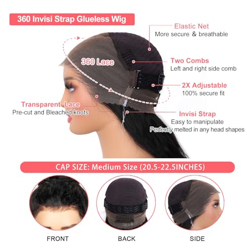 Hidden Strap Glueless 360 Lace Front Wigs Human Hair Body Wave Invisiable Strap 360 Glueless Wig Pre Plucked Bleached Knots Natural Hairline Pre Cut HD Lace Frontal with Drawsting