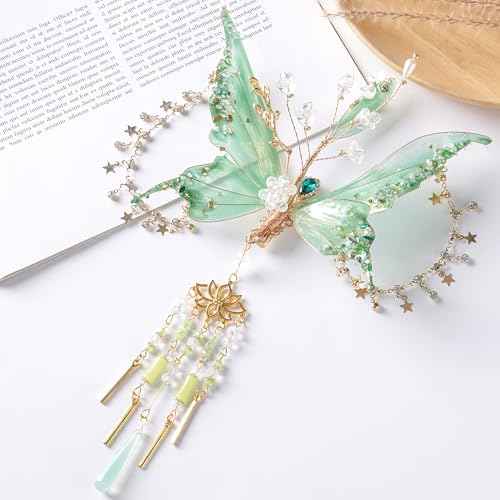 FRESHME Butterfly Hair Clip for Women - 1 Pc Green Fairy Hair Accessories with Tassel Butterfly Wings Elf Claw Clips Elven Hair Clamps for Photoshoot Prom Renfaire Fantasy Costume Cosplay
