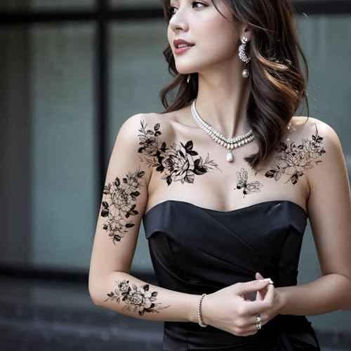 Realistic and long-lasting temporary tattoos,Black Floral Temporary Tattoos for women sleeves Large Rose Designs, 10 Sheets