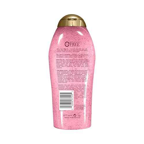 OGX Sensitive + Rose Water & Pink Sea Salt Exfoliating Body Scrub + Rose Quartz, Gentle Exfoliating Daily Body Wash Softens Skin, Body Scrub for Women, Sulfate-Free Surfactants, 19.5 fl oz