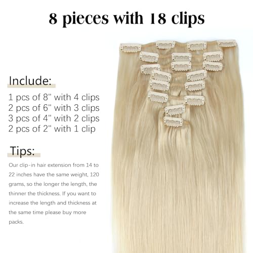 ABH AMAZINGBEAUTY HAIR Clip in Hair Extensions Real Human Hair Blonde Human Hair Clip ins Straight Remy Human Hair Clip ins #60 Platinum Ash Blonde 18 Inch 8pcs With 18 Clips 120G