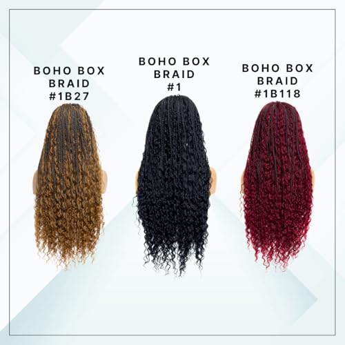 PIB 24'' Full Lace Bohemian Box Braid Wig - Knotless Braided Wigs for Black Women - Synthetic Braided Wig with Natural Baby Hair - Off Black and Burgundy #1B118
