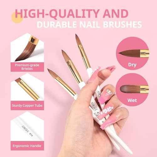 AIRSEE 3PCS Acrylic Nail Brush Set, Size 8/10/14 for Beginner & Professional Use for Acrylic Powder, Nail Art Extension & 3D Carving, 3A+ Nylon, DIY Salon Home, White