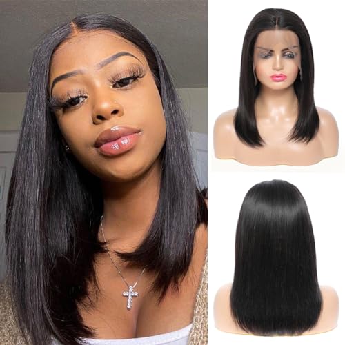 X-TRESS Bob Wig Human Hair Glueless Wig Wear and Go 13x4 HD Lace Front Wigs Human Hair Natural Black Pre-plucked Tiny Knots 14 Inch Short Straight Bob Wigs for Black Women 100% Brazilian Human Hair