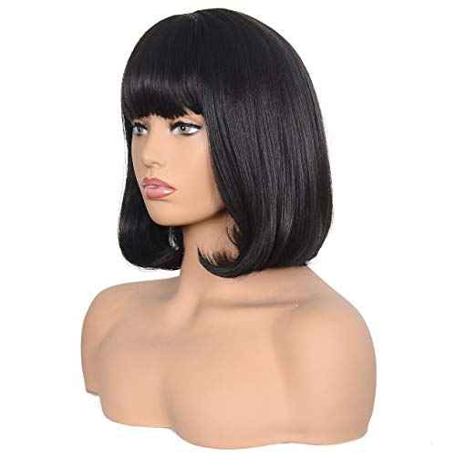 morvally Short Straight Bob Wig Heat Resistant Hair with Blunt Bangs Natural Looking Cosplay Costume Daily Wigs (14", 2# Black)