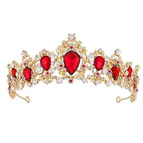 Queen of Hearts Costume Women Evil Queen Crown, Scarlet Witch Crown Glinda Princess Belle Evie Tiara Heart Accessories Headpiece Gold Red Ruby Headband for Halloween Sexy Bride Woman Adult