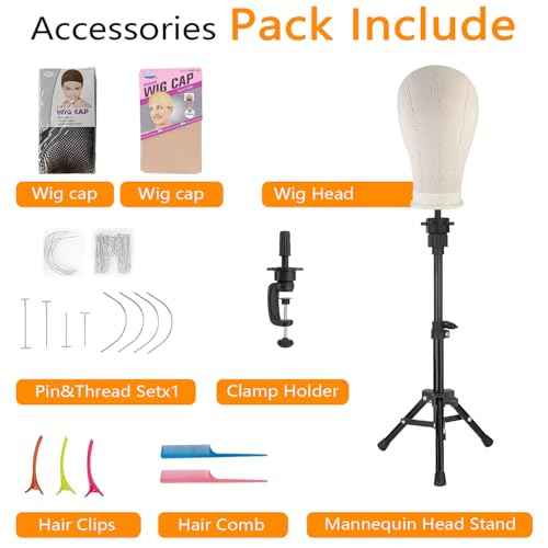 Wig Stand with Head, Adjustable Wig Head Stand, Canvas Wig Head Stand with Mannequin Head with Clamp Stand, Manikin Head Set for Wigs Cosmetology