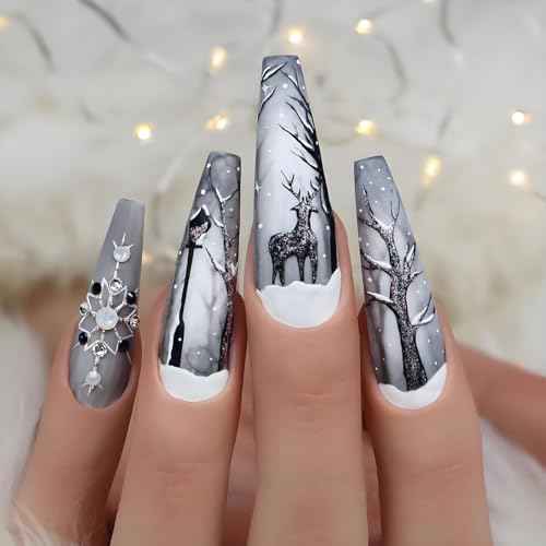 Christmas Press on Nails Long Square 3D Fake Nails Christmas Nails Press ons with Forest Deer Snowflakes Design Winter Cartoon Acrylic Glue On Nails Artificial Stick on Nails for Women 24Pcs