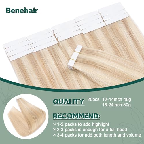 Benehair Remy Tape in Hair Extensions Human Hair Ash Blonde&Bleach Blonde Seamless Skin Weft Tape in Real Human Hair Extensions Straight Hair 20 Inch 50g #18P613 20 pcs