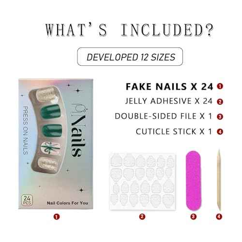 BFY Christmas Press on Nails Short Square Fake Nails, Green Xmas Gift Box Gold Glitter Acrylic Nails Kits, Glossy False Nails Gel Glue on Nails for Women Winter New Year Nail Art Manicure 24 Pcs