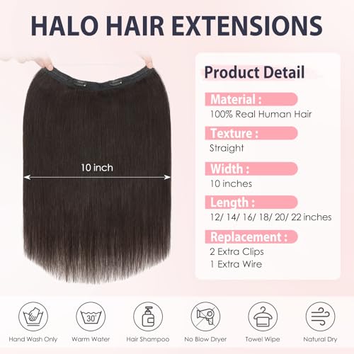 TESS Human Hair Extensions Halo Remy Hair 18 Inch Straight Adjustable Invisible Wire Easy to Use Clip in, Natural black