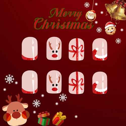 Christmas Square Press on Nails Short Fake Nails Red French Tip False Nails with Gifts Elk Design Glossy Christmas Glue on Nails Cute Santa Hat Nail Tips Acrylic Nails Winter Stick on Nails for Women