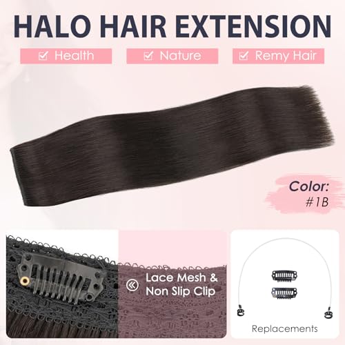 TESS Human Hair Extensions Halo Remy Hair 18 Inch Straight Adjustable Invisible Wire Easy to Use Clip in, Natural black