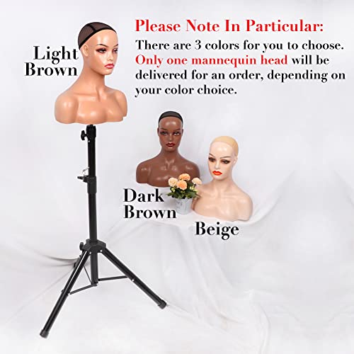 Realistic Female Mannequin Head with Shoulder for Display - Manikin Head with Shoulder for Wig/Jewelry/Makeup/Hat/Sunglass Display (Light Brown)