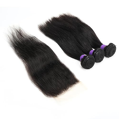 Human Hair 3 Bundles with Closure Straight 100% Unprocessed Virgin Brazilian Hair Bundles with 4x4 Lace Closure Free Part, Double Weft 10A Hair Weave Extensions (16" 16" 16" + 12" Closure)