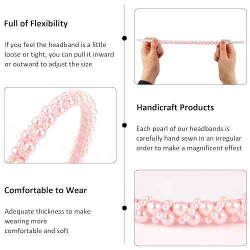 Pink Pearl Headbands for Women Girls, Cute Beads Headband with Faux Pearl for Wedding Bride, Fashion Beaded Bling Hairbands Hair Hoop Accessories for Birthday