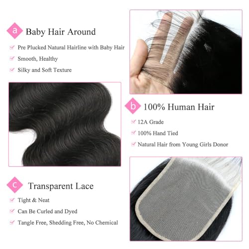 5x5 Transparent HD Lace Closure Only Body Wave Hair Closure Invisible Lace Closure 12A Brazilian Virgin Remy Human Hair Frontal Closure 100% Human Hair Extensions Pre Plucked Natural Black 22 Inch