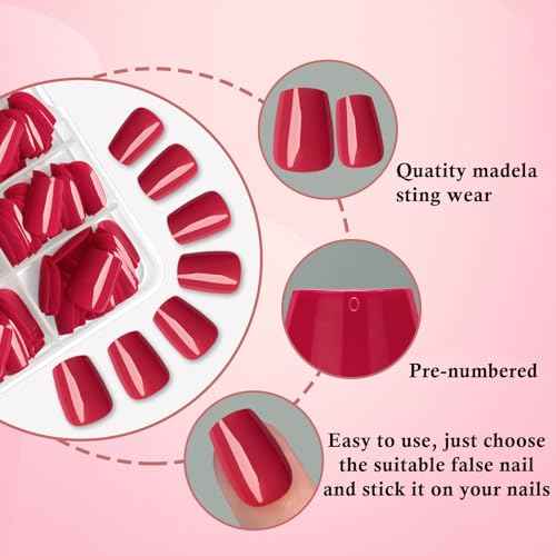 LoveOurHome 288pc XS Coffin Press on Nails Short Fake Nails with Glue Tabs, Berry Red Glue on Nails Press on Nails Women Acrylic Nails XS Coffin Fake Nails Short False Nails Girls Kids Fingernails