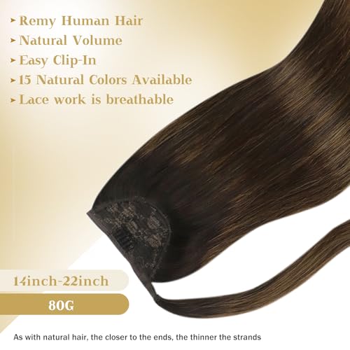 Ve Sunny Ponytail Extension Real Human Hair for Women Clip in Ponytail Hair Extension Straight Hair Pieces Wrap Around Dark Brown Mix Medium Brown Highlights Brown Balayage 14inch 80G