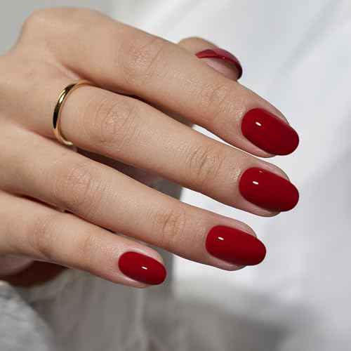 BTArtbox Press On Nails Short - Red Press on Nails Short Oval Nails Fall Fake Nail with Nail Glue, Fit Perfectly, Reusable Glue On Nails in 16 Sizes, Cardinal