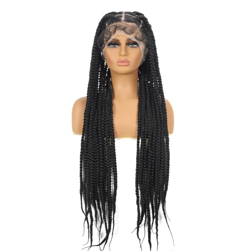 360 Full Lace Jumbo Braided Wigs for Black Women 32inch Knotless Braids Glueless Wigs No Cornrow Long Jumbo Box Braided Wig With Baby Hair (1B, 32inch)