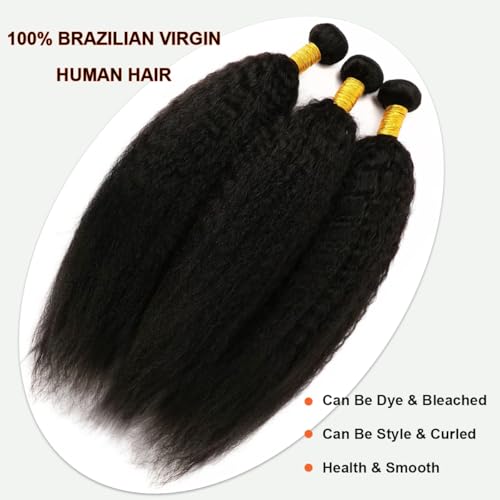 Kinky Straight Bundles Human Hair Yaki Straight Human Hair Bundles Kinkystraight 12A 100% Brazilian Virgin Bundles for Black Women Natural Black Hair Extension 12 14 16 Inch