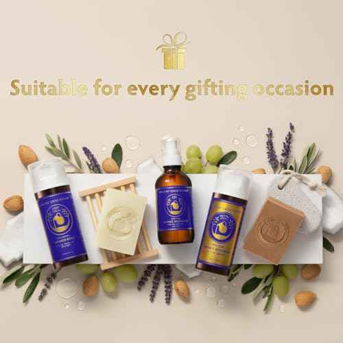 Ancient Greek Remedy Organic Spa Gift Set - Body Oil, Face Moisturizer, Foot Balm & 2 Soap Bars - Lavender Scented Skin Care Gift Basket for Women - Perfect for Christmas, Birthdays & Self Care